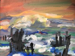 Rough Ocean Shore Line/Pier Ruins Modern W/C Painting-1940s/50s-Armando Sozio