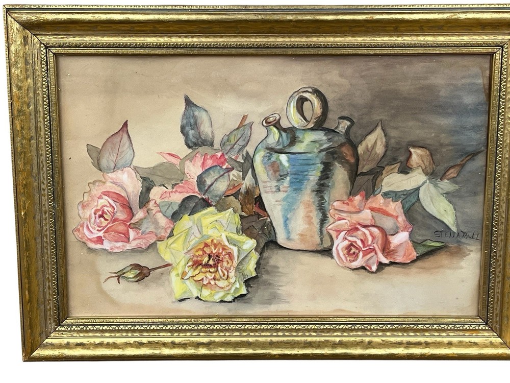 Vintage Water Color Painting Chubby Chic Florals Artist Signature Paper Glass