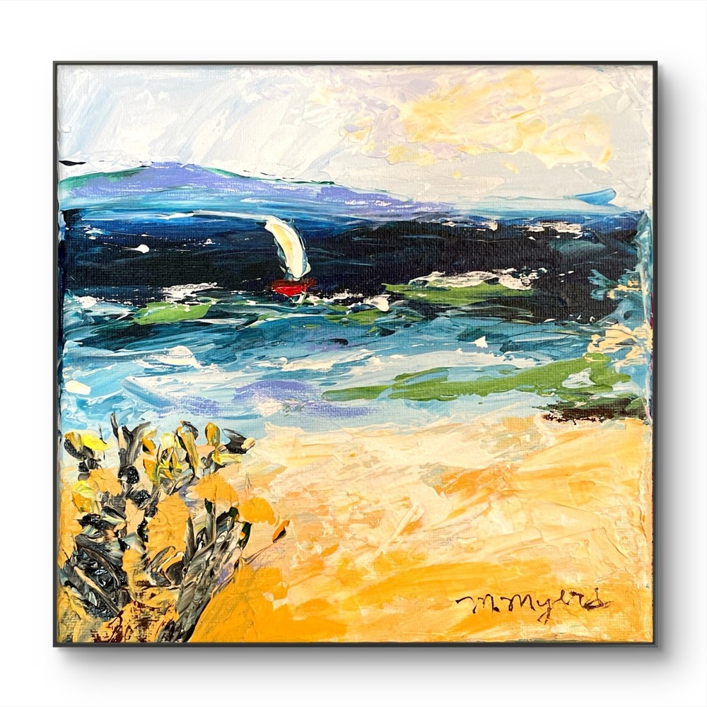 Mary Myers Original Abstract Expressionist Palette knife Sailboat 8×8 Canvas