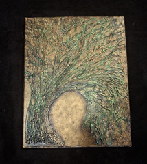 11x16Textured Abstract Mixed Media Painting Green & Bronze Swirl Design Unframed