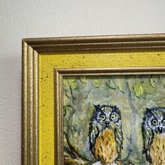 Frederick Wetzel Original Owl Painting Signed Folk Art 3 Owls Framed Miniature