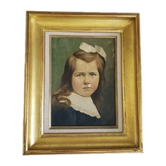 Antique German Oil Portrait Painting Young Girl Bow Gold Gilt Wood Frame Signed