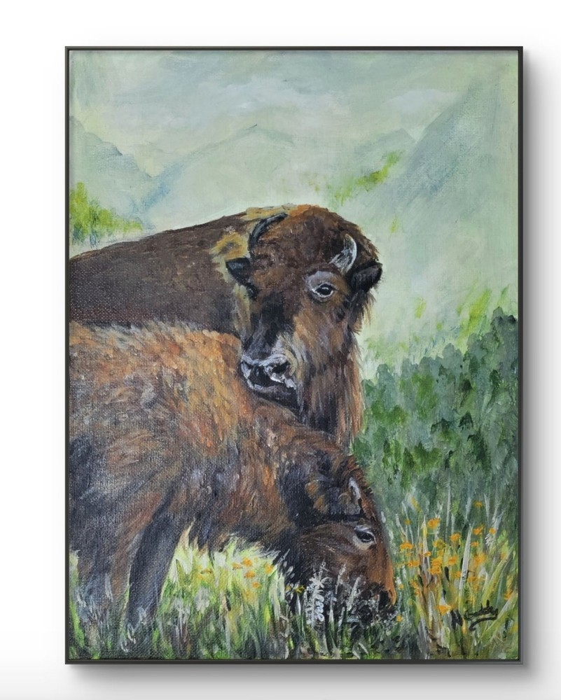 Original Expressive 9 x 12 Bison and Yearling Acrylic on Canvas Painting