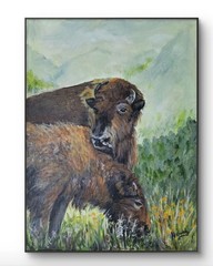 Original Expressive 9 x 12 Bison and Yearling Acrylic on Canvas Painting
