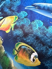 Large 29 X 41 Framed Signed Marine Dolphins Fish 90s Y2K Oil Painting On Canvas