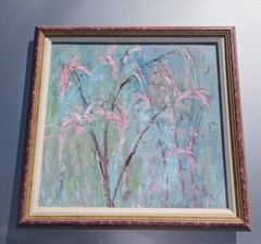 Vintage 90’s Acrylic Abstract Flower Painting Pink Mauve Seafoam Retro