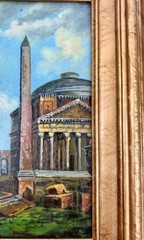 Painting Old World City Vintage Oil Art on Board in Golden frame