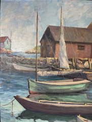 ETHEL BATHURST ROCKPORT HARBOR SEASCAPE IMPRESSIONIST ANTIQUE OIL PAINTING