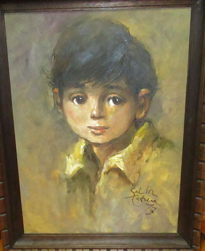 SALVADOR CABRERA YOUNG BOY LARGE ORIGINAL OIL ON BOARD PAINTING DATED 1973