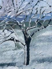 Oil Painting Expressionist Winter Landscape With Bare Tree Coast Sea Snow 1980