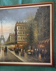 Large Vintage Paris Street Scene Oil Painting Eiffel Tower Framed 53×41