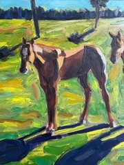 Large Signed Rene Guerin Oil Painting Horses in Florida Landscape 36″X30″