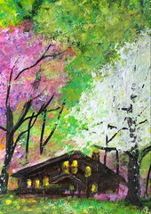 ACEO Original CABIN Spring Pink Tree PAINTING Nature Landscape Flowers ATC ART