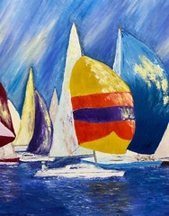 Sailboat Oil Painting Original Impasto Nautical Regatta Harbor Wall Art