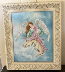 Vtg Artist Signed Hand Painted on Porcelain „Angel In Heaven“ Framed Wall Decor