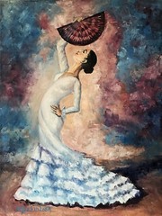 Flamenco Dancer in White #3: 12”x16” Oil Painting, part of 3 painting ensemble