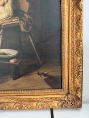 Large Antique European Oil Painting 19th Century Interior Genre Scene Children