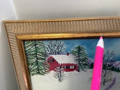 HandPainted Sweet Winter Farm Scene Sm Red House 2 Cardinal Birds Rural Snow