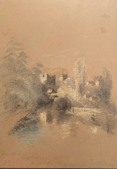 Guildford Castle & Trinity Church from River Wey, Surrey, watercolor & graphite