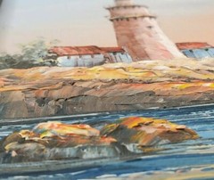 Lighthouse Seascape Oil Painting Sunset Boat Signed M Gartland Beach House Decor