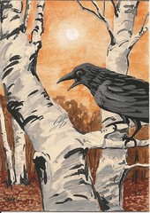 ACEO PRINT OF PAINTING RYTA BIRCH FOLK RAVEN CROW VINTAGE STYLE Halloween 🎃 Art
