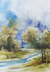 7”x10” Original Pamela Wilhelm watercolor River Bend Fallen Tree Landscape