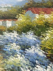 Signed oil on canvas abstract village scene art 26 1/2 x 22 1/2 inches
