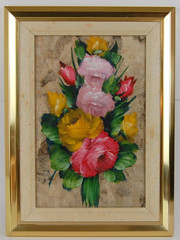 Vtg 60’s Original Oil Painting on Craft Paper „Pastel Flowers Bouquet I“ 7.5X12