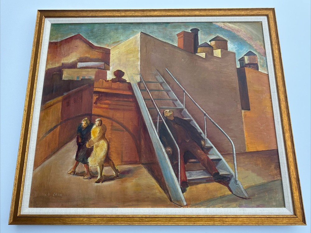 Jo Cain Painting Antique Large New York Urban Industrial Modernist Wpa Famous