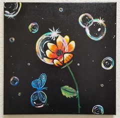 FANTASY FLORAL OUTSIDER ART PAINTING ON CANVAS ~ SIGNED~ 12″ X 12″~ GALLERY WRAP