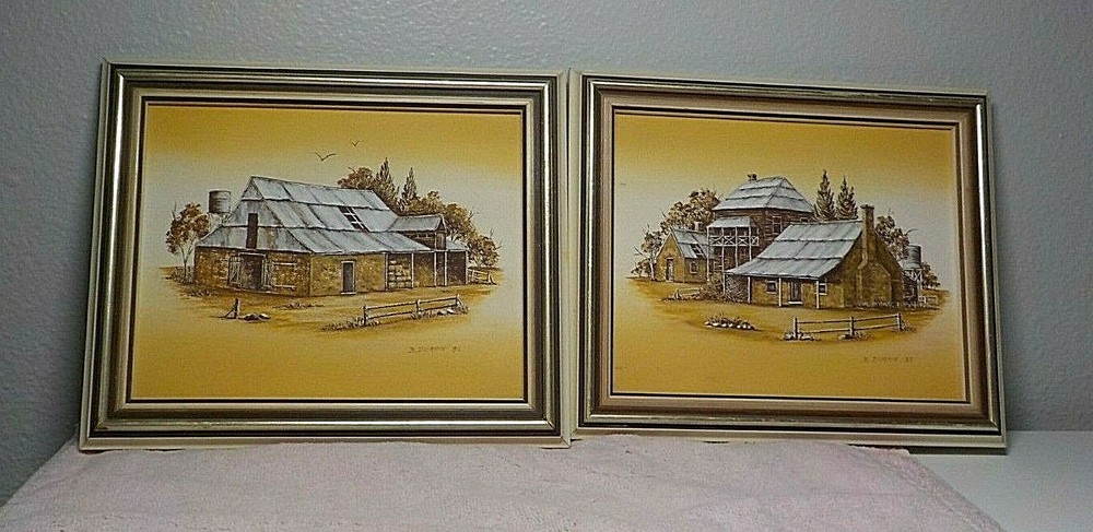 BETTY DURKIN „MEMORABILIA“ No 1 & No 2 SET HANDPAINTED FRAMED ART SIGNED ’83