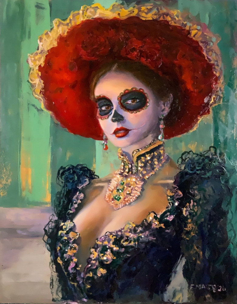Frank Maier Original Oil Painting: Day of the Dead-Woman in Red Hat 16″x20″
