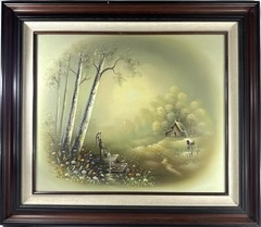 Sue Young Oil Painting 31×27 Country Cabin Landscape Pump Flowers Framed Art