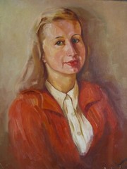 Portrait Lady Blonde Woman in Red Blouse Unreadable Signed Antique 1942