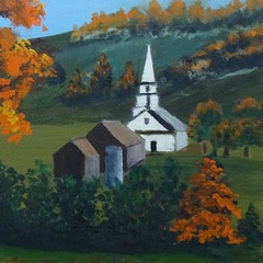 Vintage Naive Folk Art Autumn Landscape Oil Painting White Church Signed 12×16