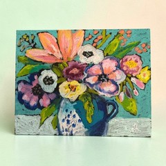 Original Floral Oil Painting 11×14 Signed Blue Pitcher Flowers Still Life