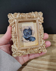ORIGINAL Mini Black Cat Kitten Watercolor Painting Vintage Style Gold Frame Deco