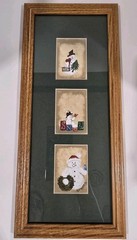 Vtg 3 snowman-themed mini paintings in one frame by artist GE Winter