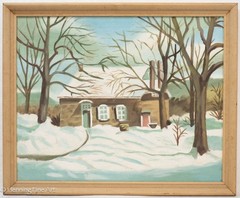 Vintage Folk Art Oil Painting of Snow Laden Woods with House by Yegerman 18×22″