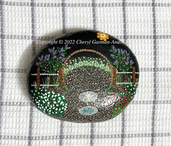 Original Pointillism Dot Painted Stone Moon Gate & Lilacs by Cheryl Andrade