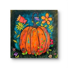 Original Pumpkin Painting Floral Autumn Art Mixed Media Folk Art OOAK 11×11