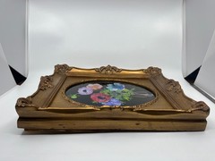 VTG Margaret Dougherty Reverse Oil Painting on Glass Floral Bouquet Gold Frame
