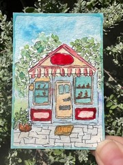Original ACEO Watercolor, Chicken Store, ATC Art, Strawberry Meadows Paper Co.
