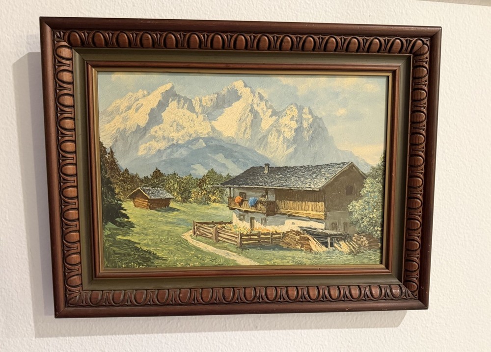 Vintage Heinz Theis 1894 -1966 Landscape Print On Board Framed Mountains Houses