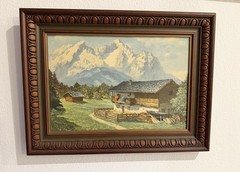Vintage Heinz Theis 1894 -1966 Landscape Print On Board Framed Mountains Houses