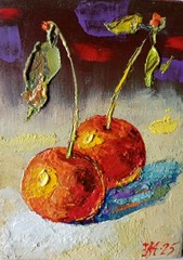 Cherries Impasto Painting Original Art Impression Oil Painting 4.9 x 3.5 in