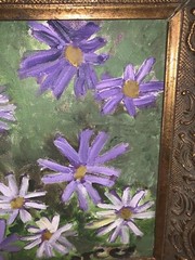 Vintage Impressionist Purple Daisies OOC Oil Flowers Framed Signed 19 1/8×16 1/8
