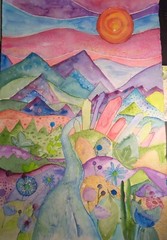 15″×22” Original Whimsical Watercolor ￼fantasy Garden Pink Green Sheilla Collins