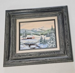 Vtg Framed Original Winter Landscape Painting Cabin in Snow Heritage GrandpaChic