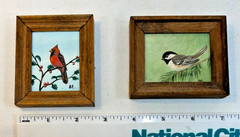 2 Small Framed Paintings Cardinal & Chickadee Hand Painted 3.25” x 2.75”